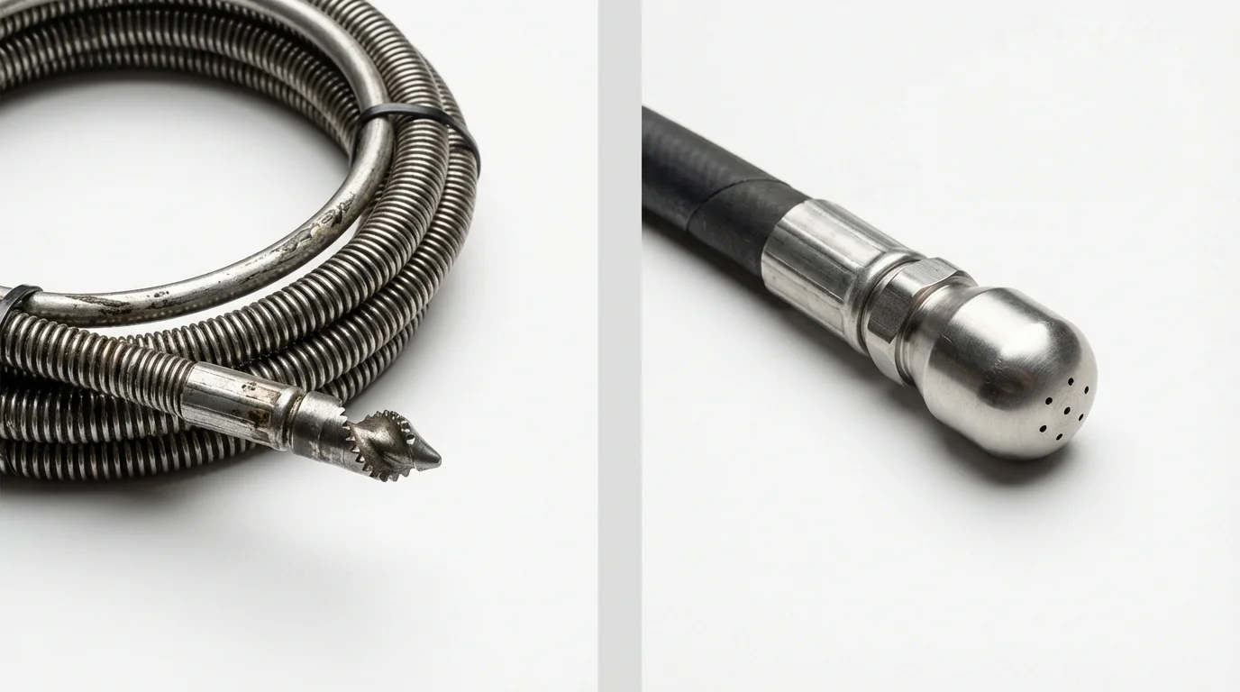 Drain snake cable and hydro jetting nozzle used for drain cleaning in McKinney, TX